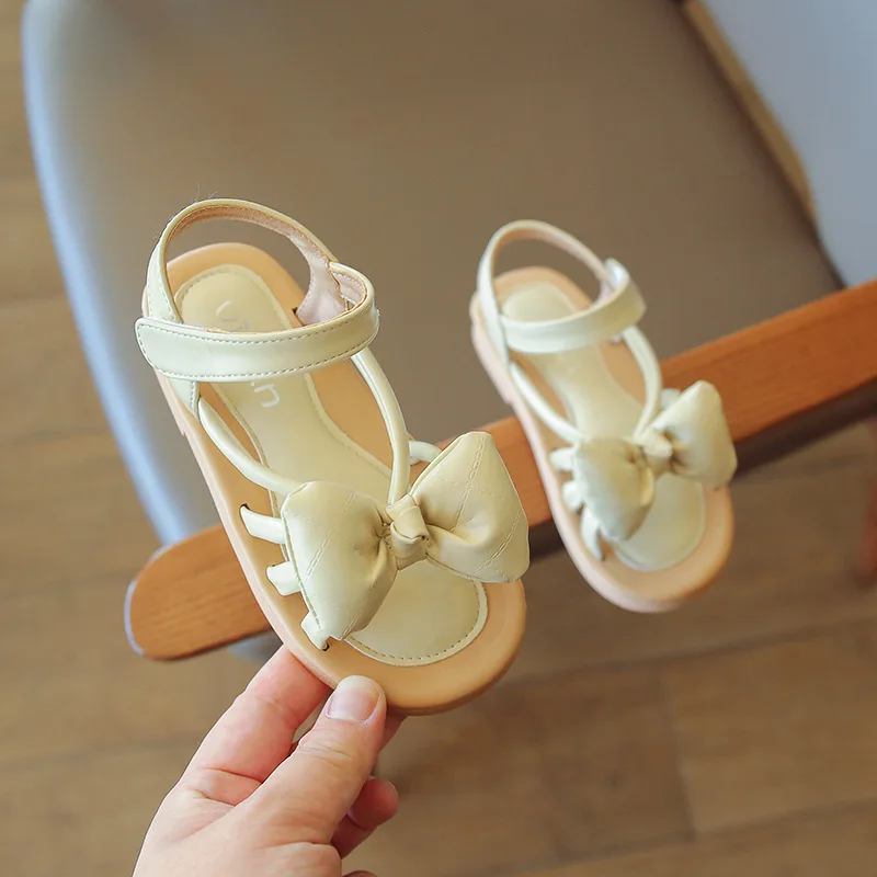 

2022 children's sandals summer new girls bow all-match flat shoes little girl non-slip princess baby beach shoes, Pink/ yellow/beige