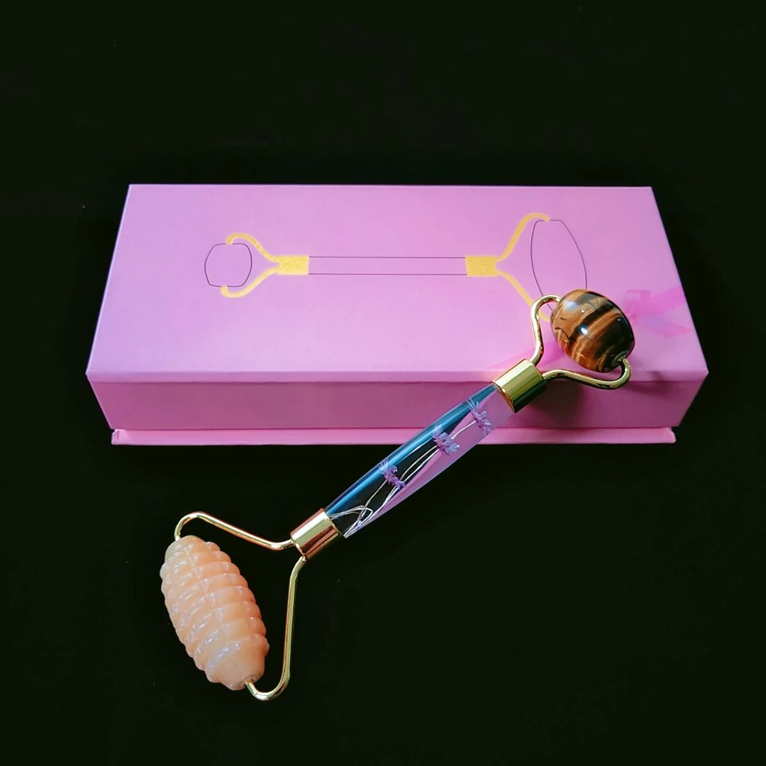 

2021 new product handle spiky yellow jade facial flower handle roller tiger eye massage tool with box