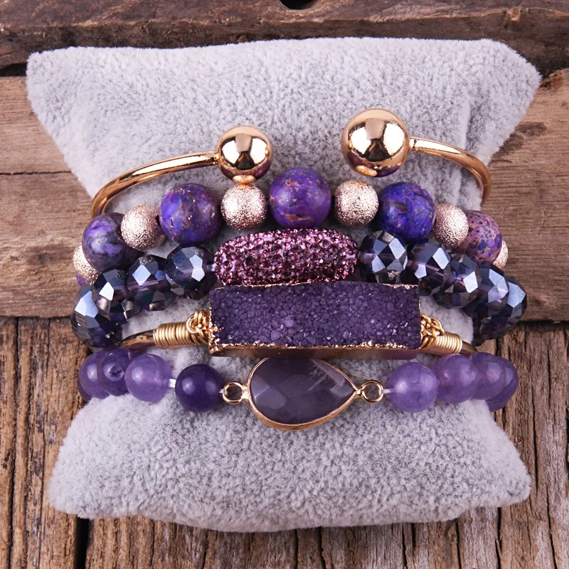 

5 piece Stretch Purple Gemstone Crystal Glass Beads Bracelet Elastic alloy jealousy Star Metal Druzy Bangle Stack Bracelet Sets
