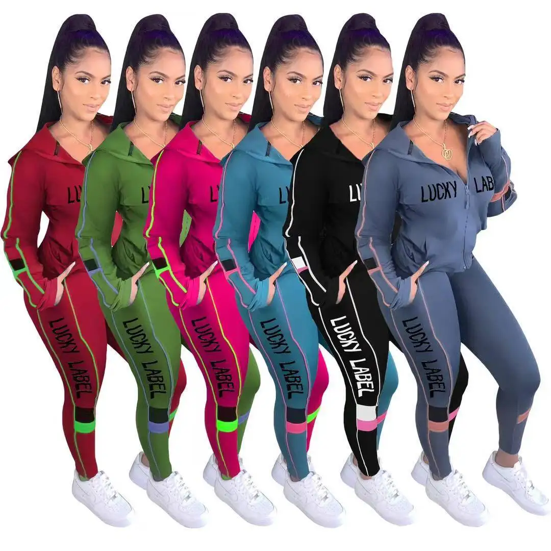 

2020 fall women lucky label long sleeve jacket two pieces outfit ladies tops with joggers cycling wear tracksuit, 4color as picture