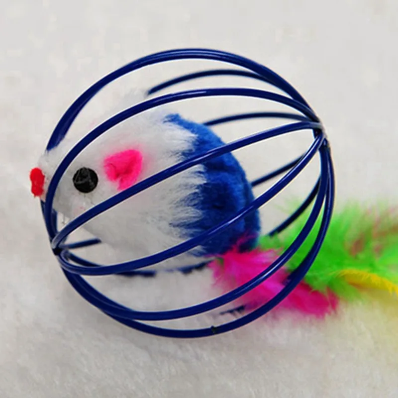 

Cat toy ball metal wire cage mouse plush mouse pet cat toy, Random color