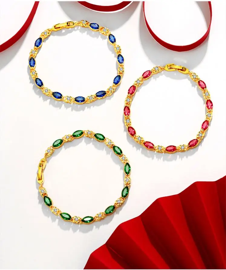 

Factory Direct Baguette Colour Tennis Bracelet Women Gelang Tangan Wanita, 24k gold