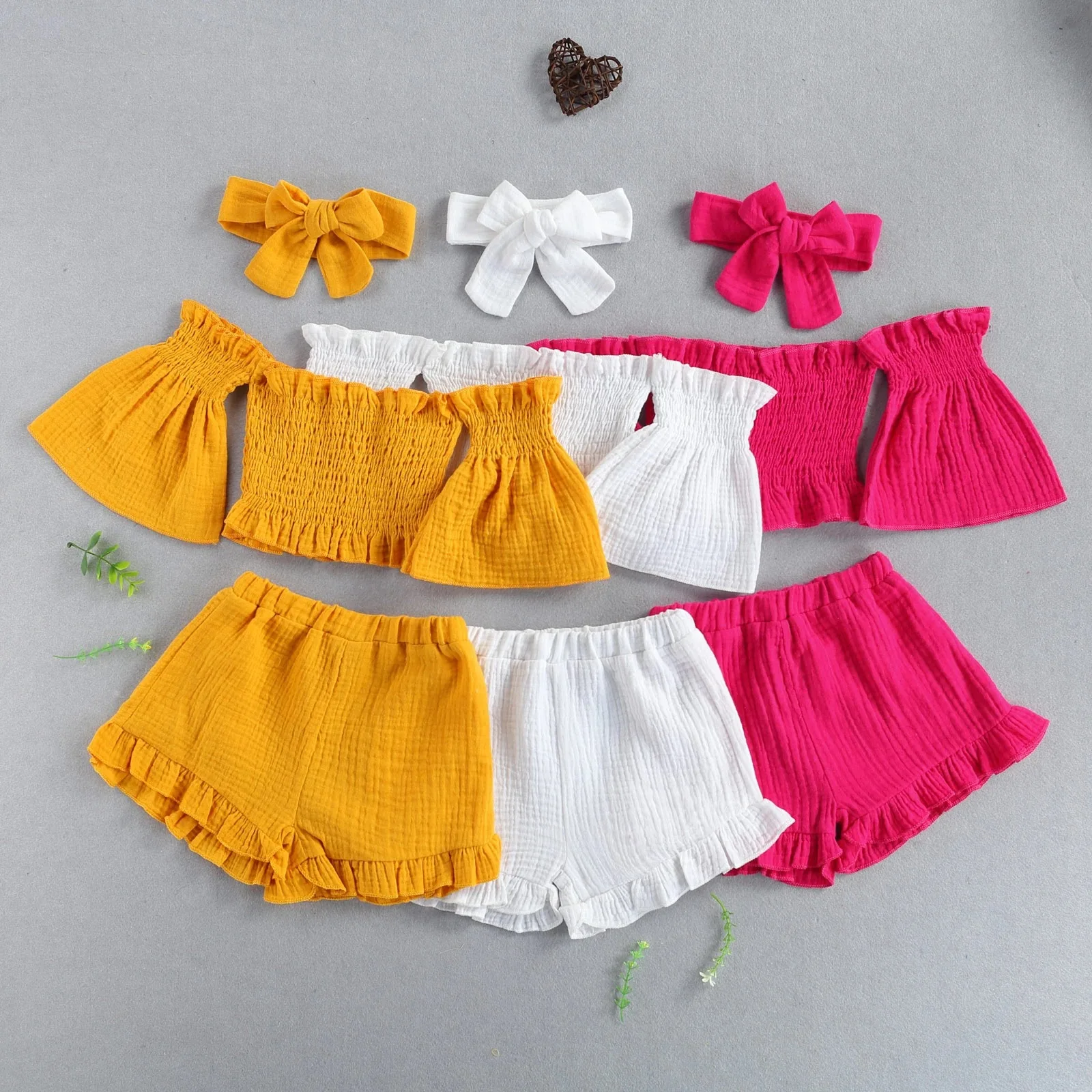 

New 3 Pieces Kids Summer Clothes Set Girls Off Shoulder T Shirt Shorts Headband Outfit Baby Solid Clothes, As picture