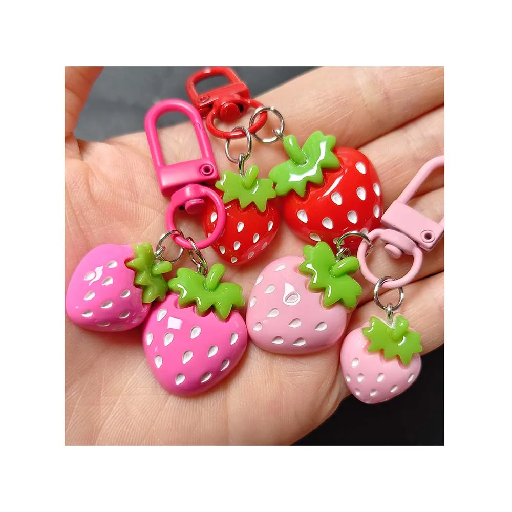 Best Price 10pcs Small Size Red Pink Strawberry Kawaii Resin Cabochon Keychains for Girls Bag Accessories and Gifts