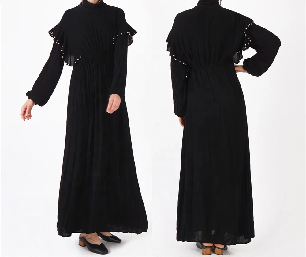 

Rayon Cotton Beaded Solid Color Turtleneck Lotus Leaf Sleeves High Waist Large Swing Type Pleated Moroccan Muslim Dress Abaya, Black, white or customized