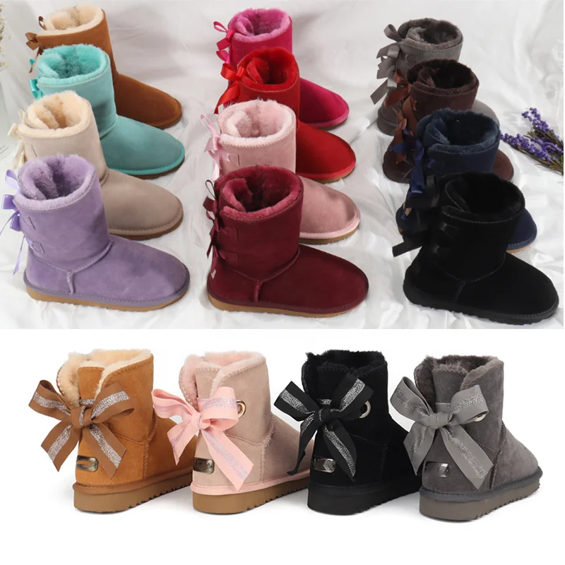 

2021 Wholesale Winter Women's Snow Boots Ankle Women Shoes Bow Girls Lady Designer Luxury Uggly Short Fluff bows Boots for Women, Black yellow red blue