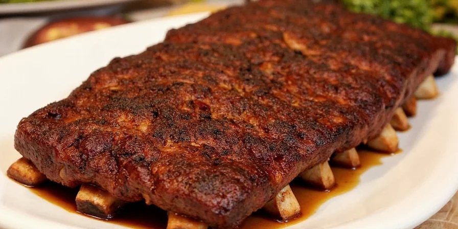 Ribs in the oven, slowly roasting and developing a rich, spiced crust.