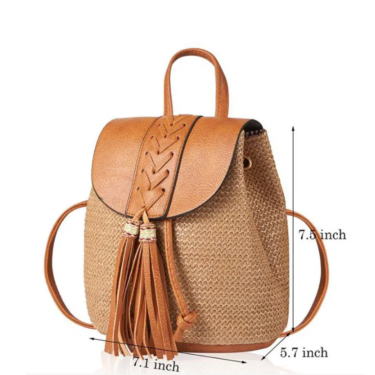 

Hot Sale Spring Summer Straw Double Shoulder Bag women's Tassel Woven Bucket Bag Straddle Bag