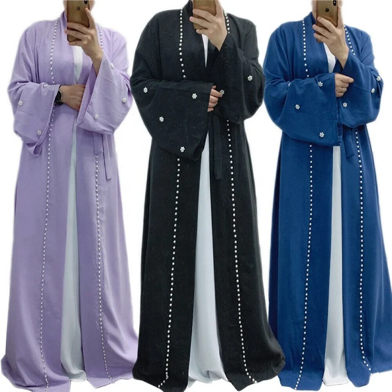 

Wholesale new Arabic Dubai Abaya Kimono Muslim women beading pearl Turkey kaftan Islamic Clothing, Black, beige, light purple,blue