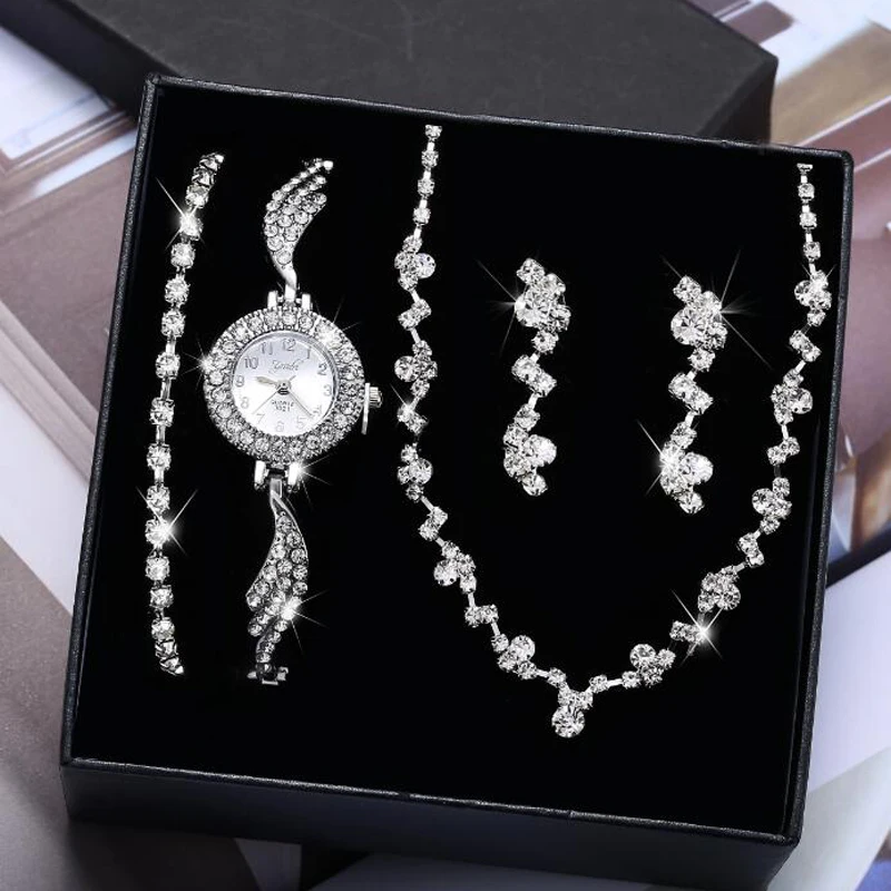 

17KM Luxury Women Crystal Watches Bracelet Earring Necklace Set Ladies Casual Watch Jewelry Set