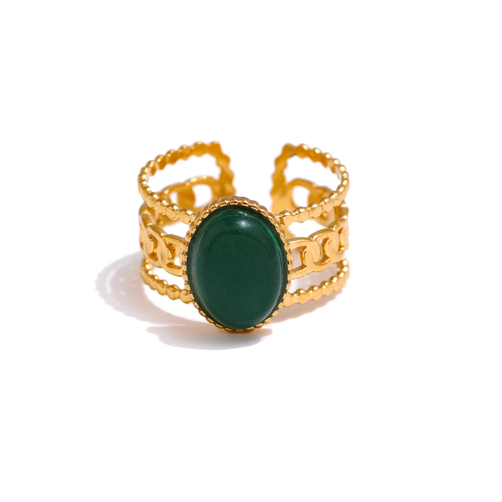 

Yhpup High Quality Metal Chain 18K Gold Plated Ring Stainless Steel Green Aventurine Ring Jewelry