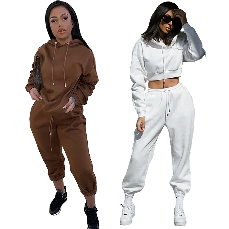 

Autumn Clothing Joggers 2 Pcs Hoodie Crop Top Pants Sweatsuit Two Piece Set Women 2021, White / gray / brown