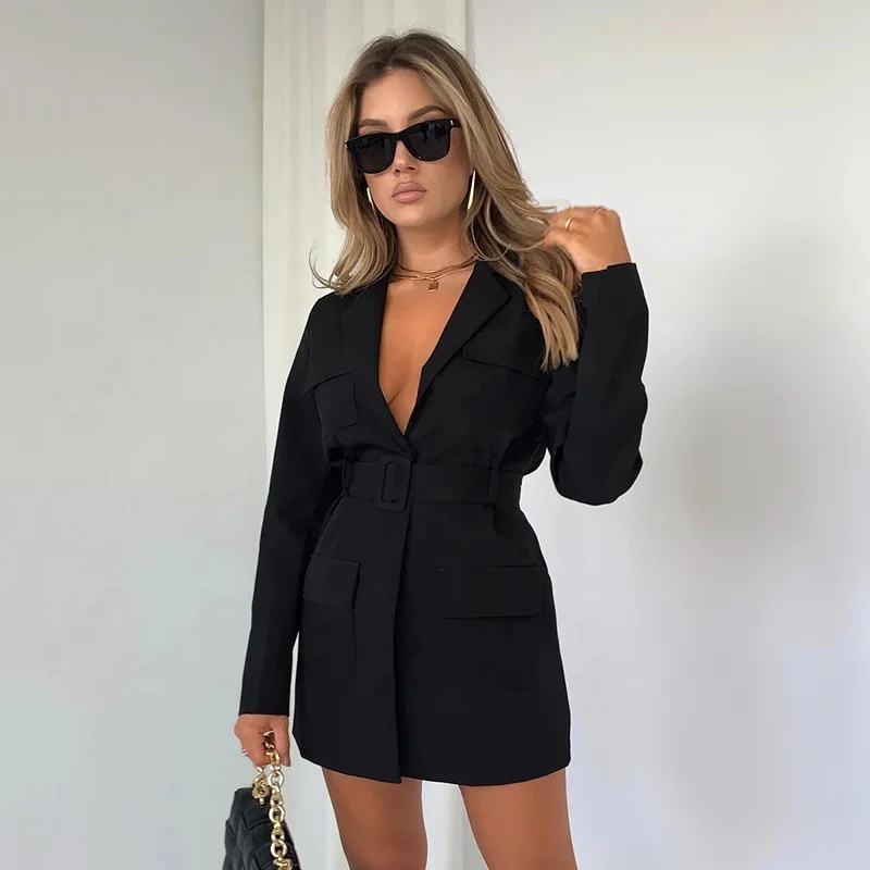 

LW spring summer 2022 solid color black long sleeve cardigan jacket lace up label business suits office formal blazers for women, Picture
