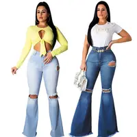 

11397NA high quality mid waist hole knee opening skinny flared Ladies Women Pants Jeans