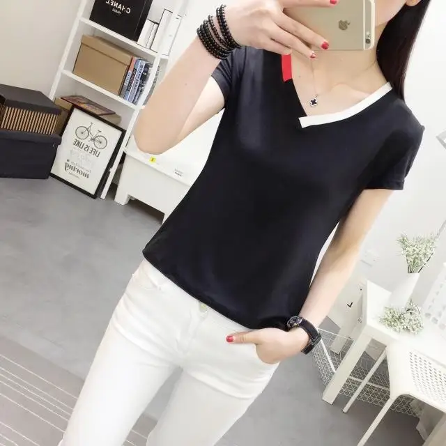 

Amazon Ins Hot Selling Casual T Shirt For Women 2021 New V-neck Slim Short-sleeved Bottoming Shirt Ladies T-shirts Street