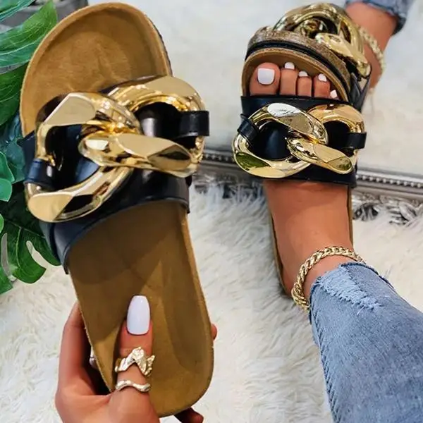 

Fashion JW Style Ladies Sandals Chain-link PU Leather Slipper with Chain Summer Flat Slide Slippers for Women Sandal Shoes