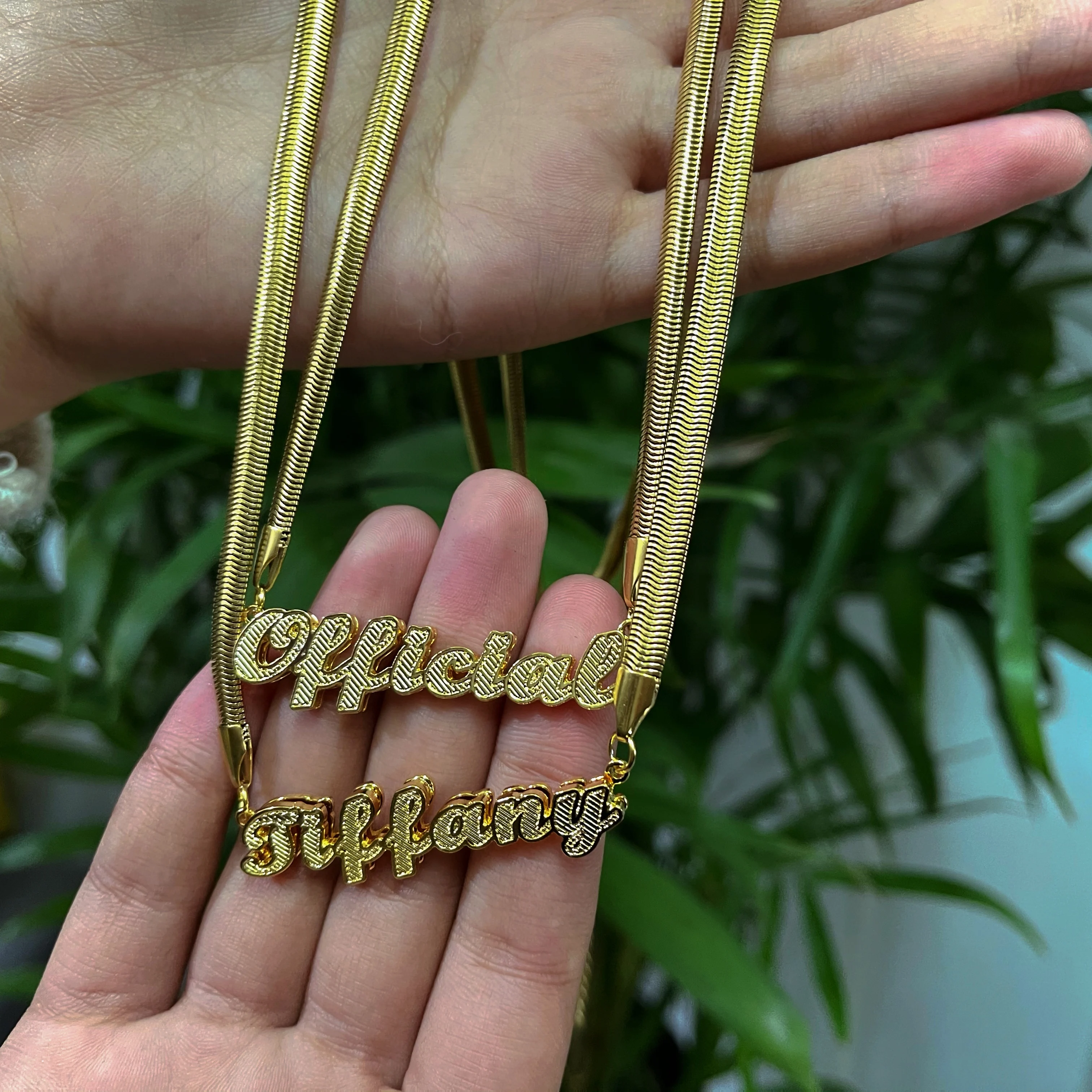

Personalised Custom 24K Gold Plated Snake Name Plate Necklace, Picture