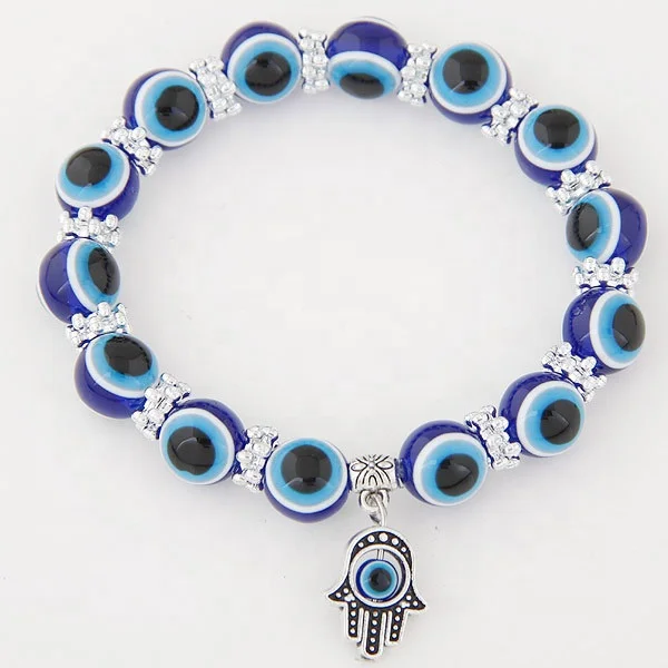 

Fashion Religious Charms Beaded Evil Blue Eyes Bead bangles jewelry bangles The hand of Fatima Stretch Bracelet