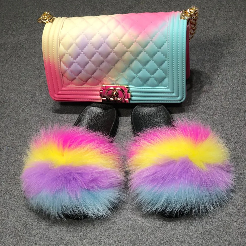 

Wholesale Hot Eeal Fox Fur Slippers Outdoor Sandals Fox Fur Slides Jelly Bag For Women Fur Slides With Purse Set Women Slippers, As picture show or customized