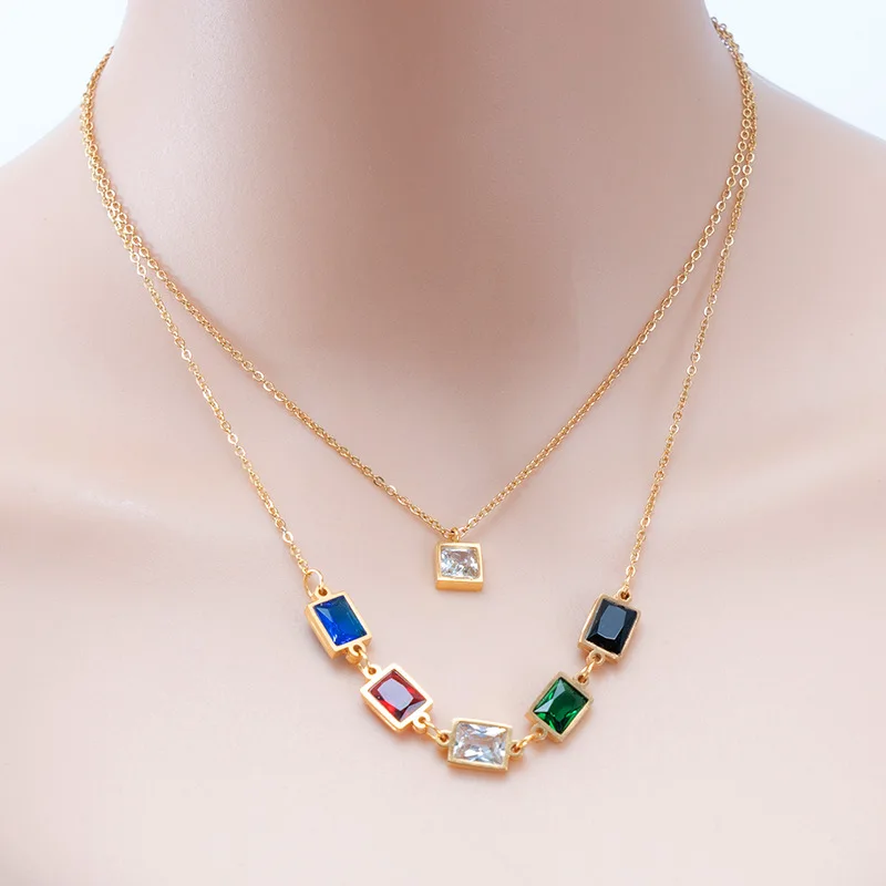 

Square color zircon titanium steel necklace set personalized fashion jewelry factory sales directly