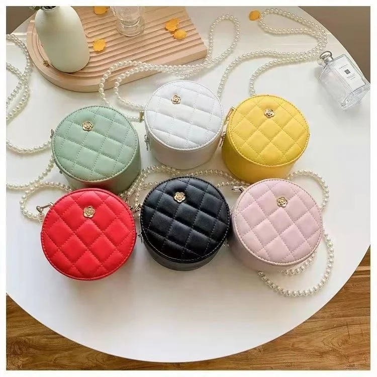 

New design chic pearl long strap rounded checkered bag ladies purse 2021 cute crossbody, 6colors as picture