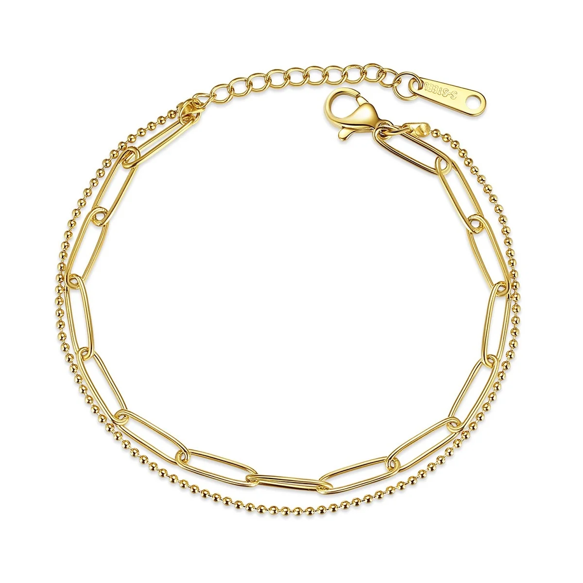 Fashion bead chain 14k gold plated stainless steel jewelry Double layer Bracelet For Women