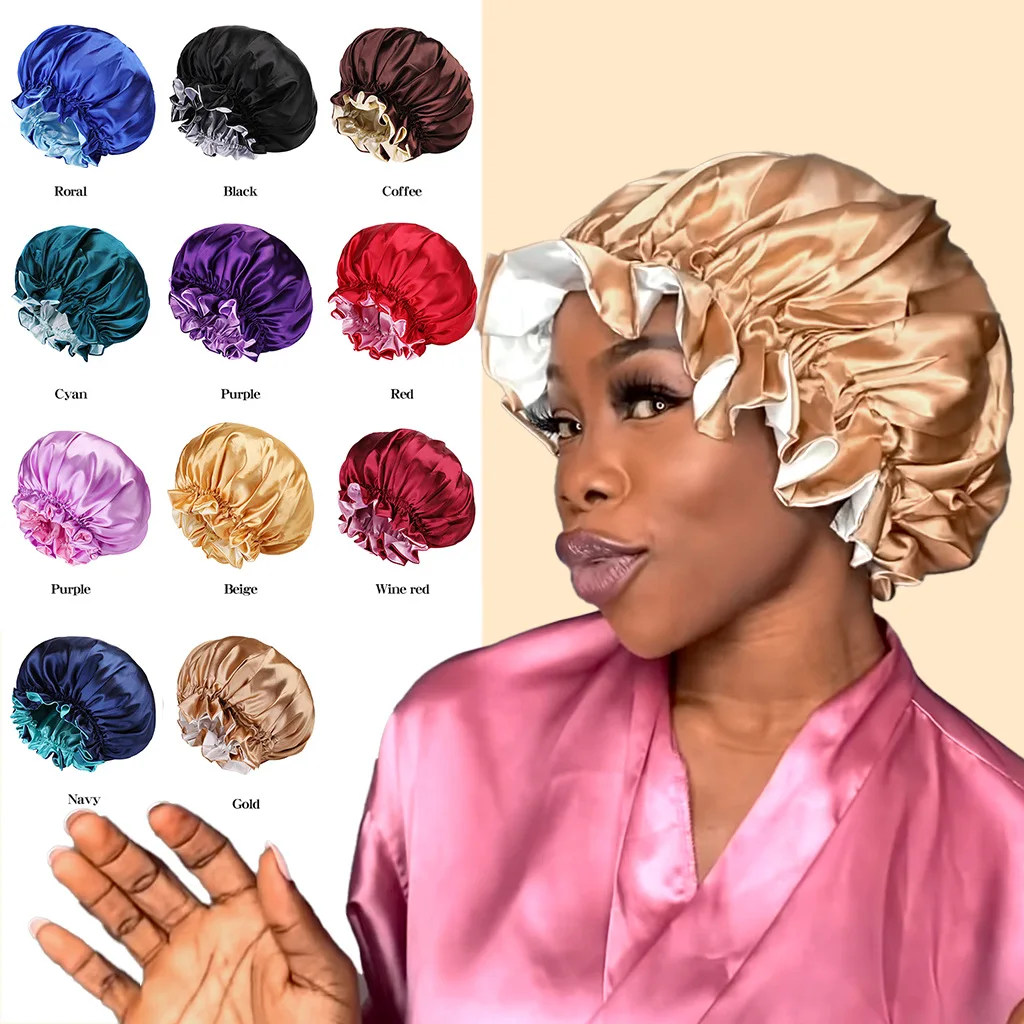 

Hot sale large double color bunky stretch nightcap wide brim solid color shower cap hairdressing cap