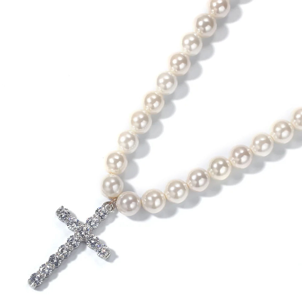 

Hip hop trend men's and women's simple cross 8&10 mm Pearl box freshwater squash blossom necklace