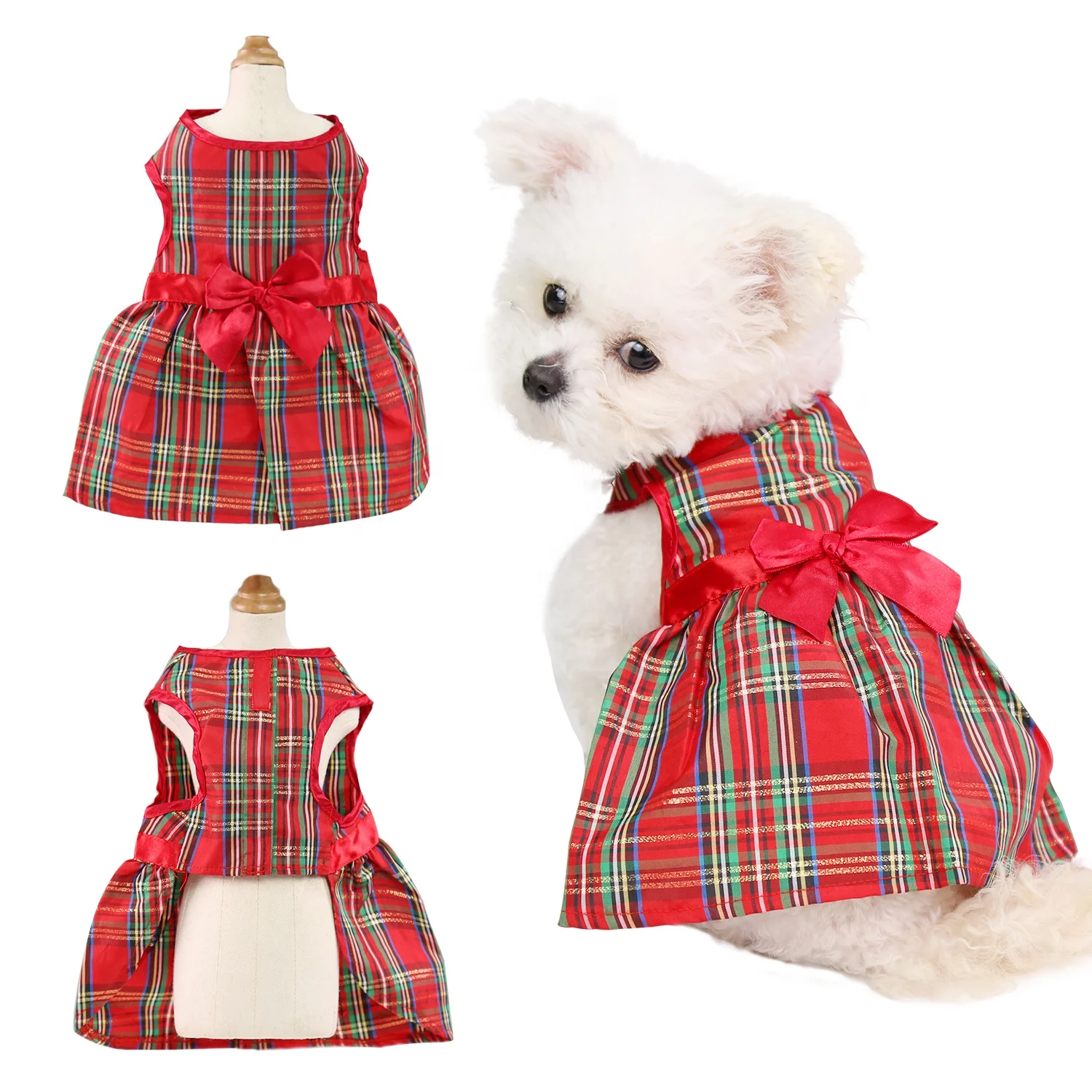 

Wholesale Plaid Dog Skirt Clothes Red Holiday Christmas Dress Puppy Clothes Pet Apparel & Accessories Sweaters & Sweatshirts