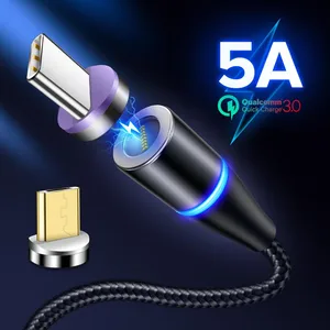 High quality type c micro wire 5A 3 in1 1m LED light nylon braided magnetic fast charging usb data cable