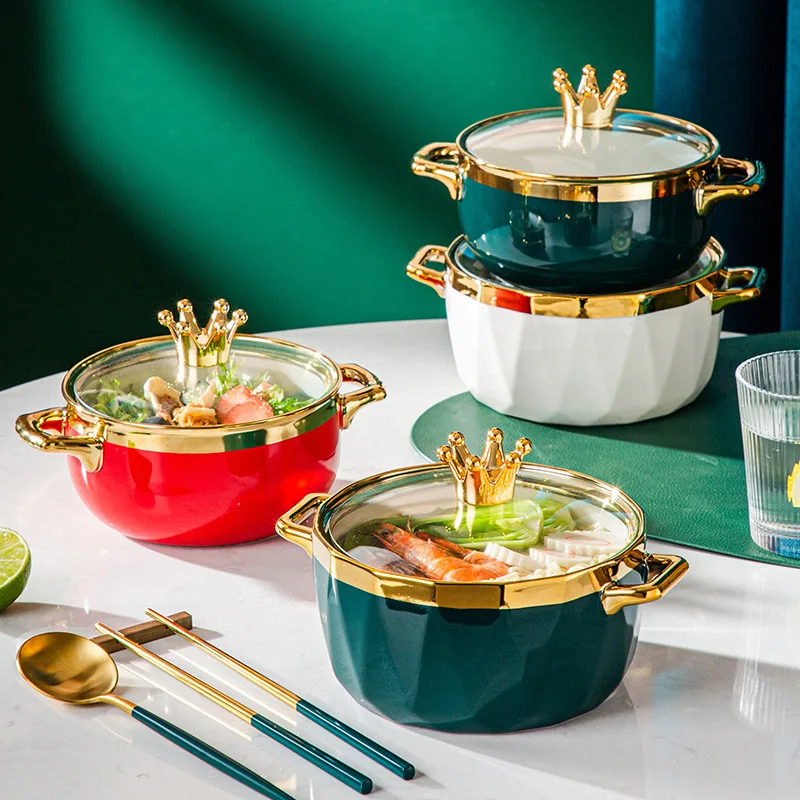 

Creative Glazed Ceramic Ramen Bowl ins Striped Soup Bowl Nordic Crown Instant Noodles Bowl with Glass Lid, Optional