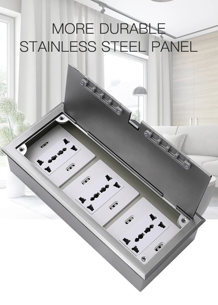 Three commercially customizable stainless steel open floor socket boxes