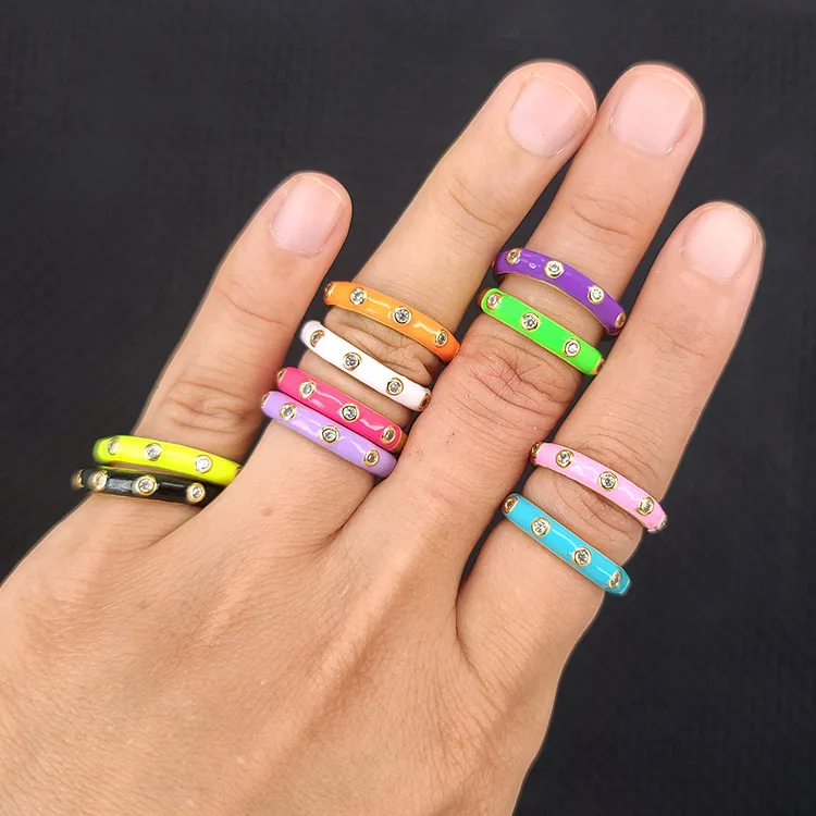 

RM1233 Hot Sale Delicate 18k Gold Plated Multicolor Rainbow Cloisonne Enamel Stacking Rings for Women Ladies
