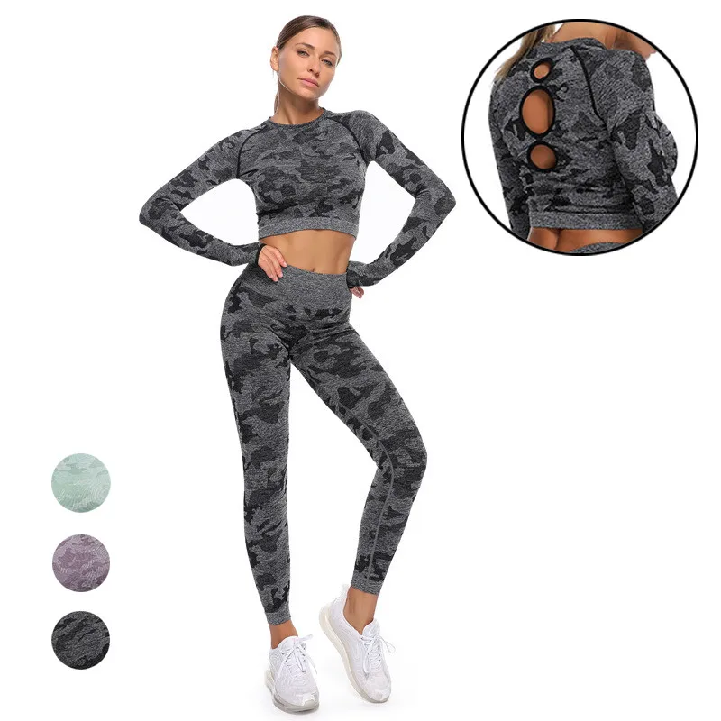 

Camo Workout Sets Women 2 Piece Legging Crop Top Yoga Outfit Active Clothes Seamless Camouflage GYM Sport Clothing, Custom color