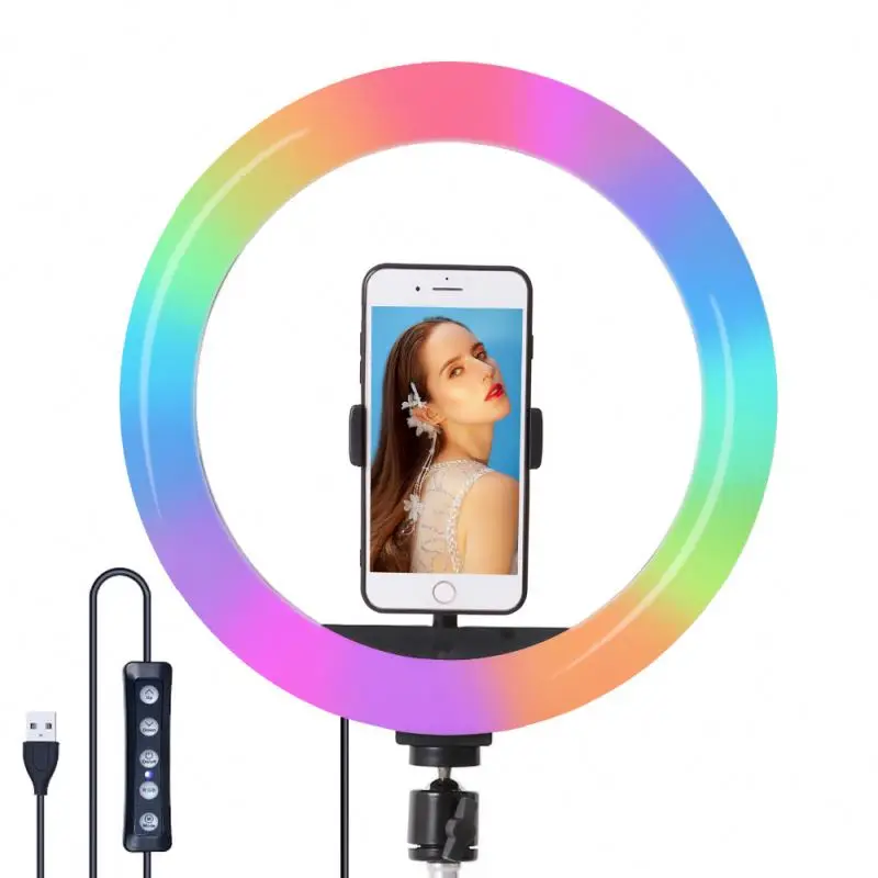 

Factory 2.1M live broadcast 10 inch makeup video photo RGB colour led selfie ring fill light floor stand with phone holder