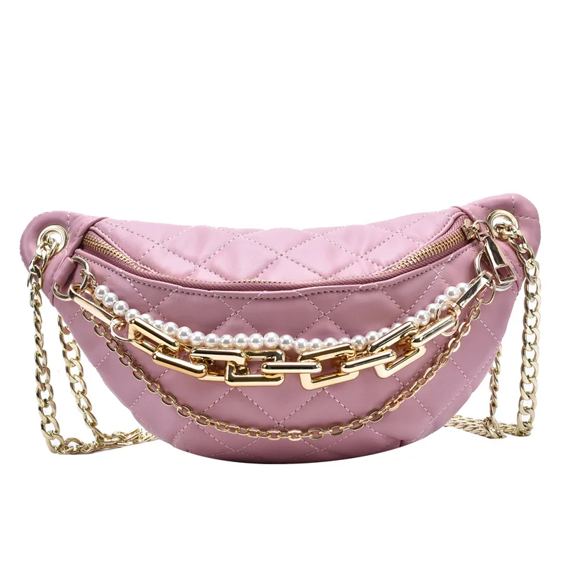 

Fashionable Female PU Leather Quilted Waist Bag Fanny Metal Chain Handle Pearl Decor Strap Crossbody, Customizable