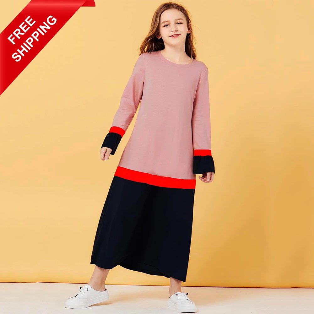 

Middle East Girls Casual Elegant Patchwork Cotton Dress With Trumpet Long Sleeves Muslim Girls Abaya Kids Islamic Clothing, Pink