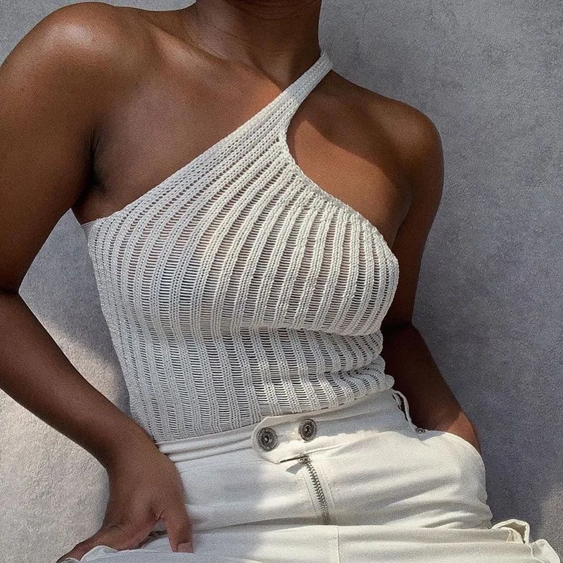 

Women Summer Basic Crop Top Sexy One Shoulder Rib Knit Tank Top