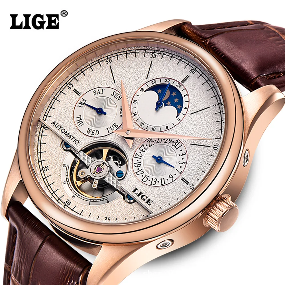 

Hot Lige 6826 Quality Automatic Mechanical Watches for Men Moon Phase Waterproof Tourbillon Luxury Brand Watch Men