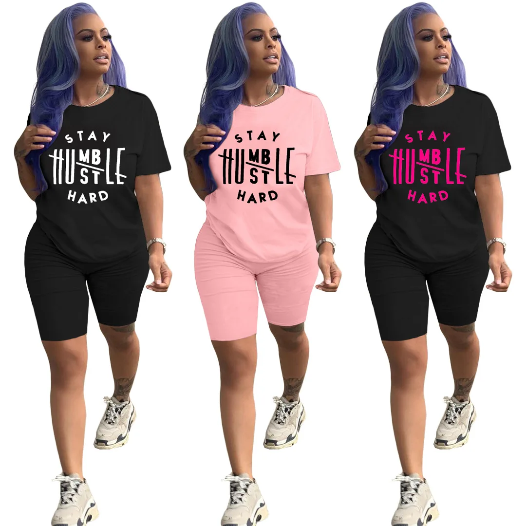

T Shirt Pants Short Casual Letter Printed Women Summer Two Piece Set Black Pink