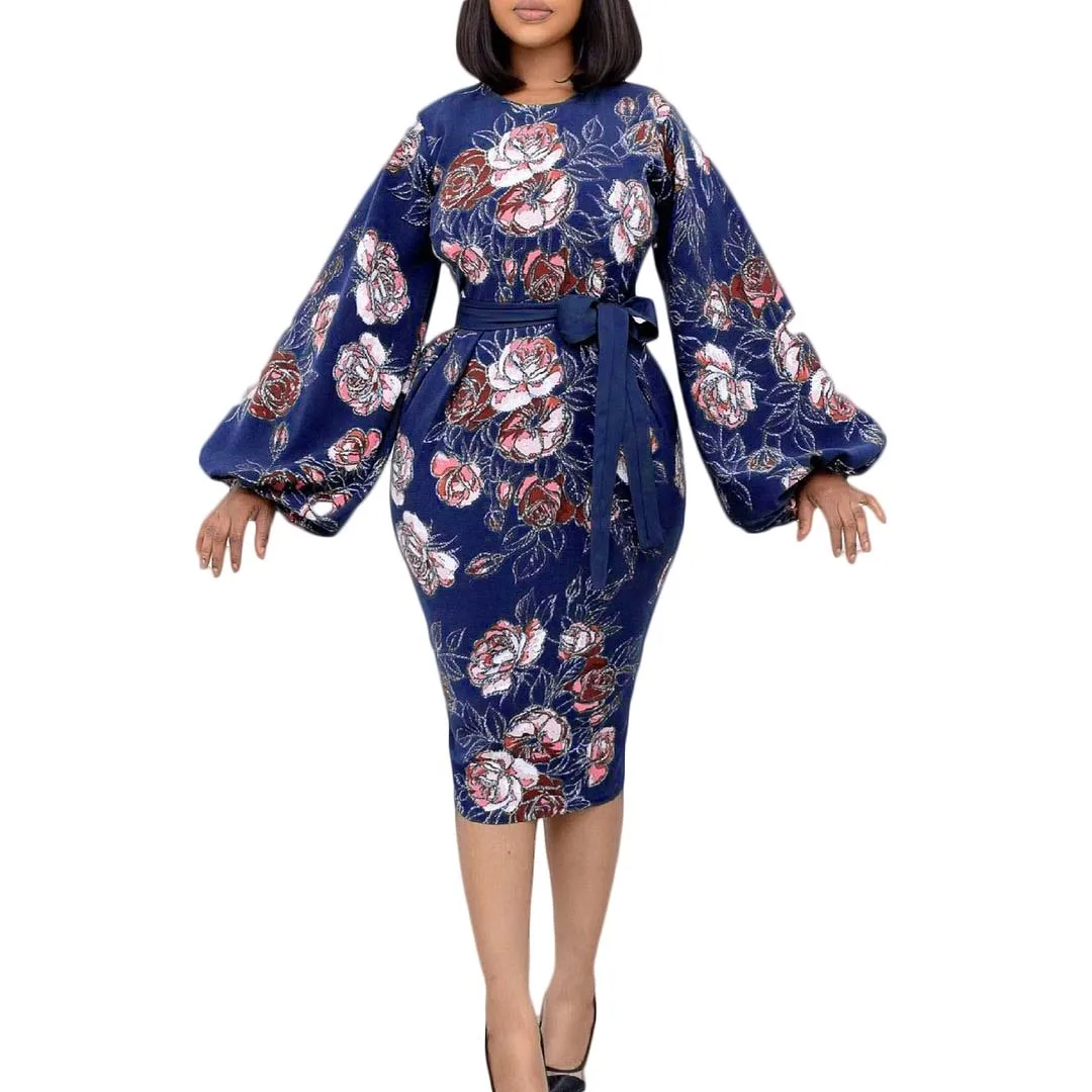 

D141T New Design Round Neck Floral Printed Temperament Puff Sleeve Bandage Plus Size Dress African Dress Women career dress