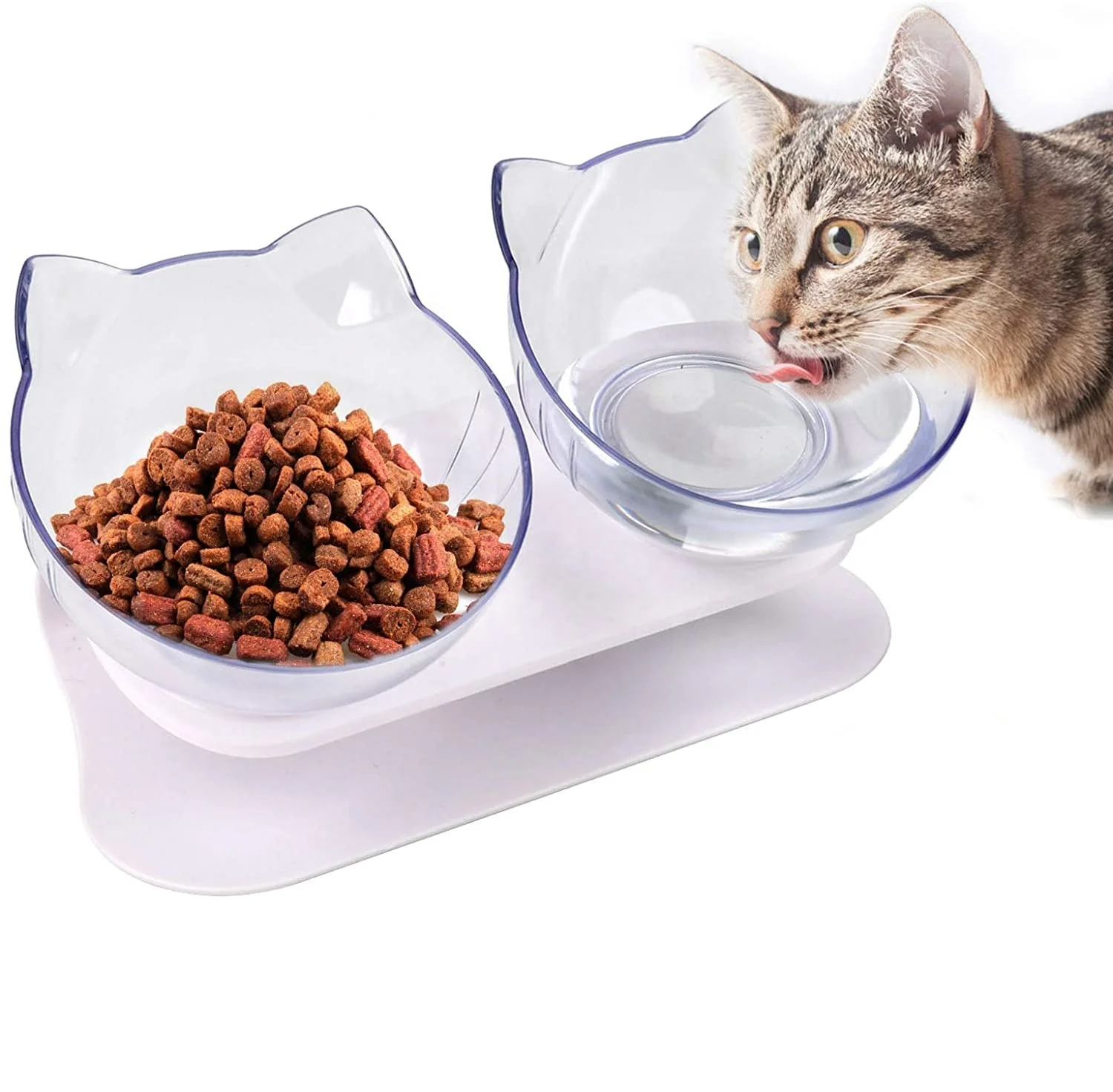 

15 Degree Tilted Design with Raised Stand Plastic Double Elevated Cat Feeding Bowls for Pet Food Water