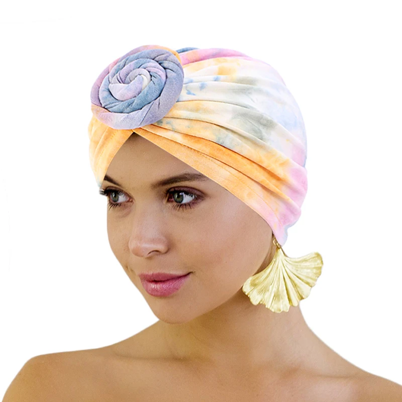 

Muslim Twisted Knot Tie-dyed Turban Caps Women Elastic Chemo Hat Bonnet Hair Loss Covers Beanie Bandana Cap Hair Accessories