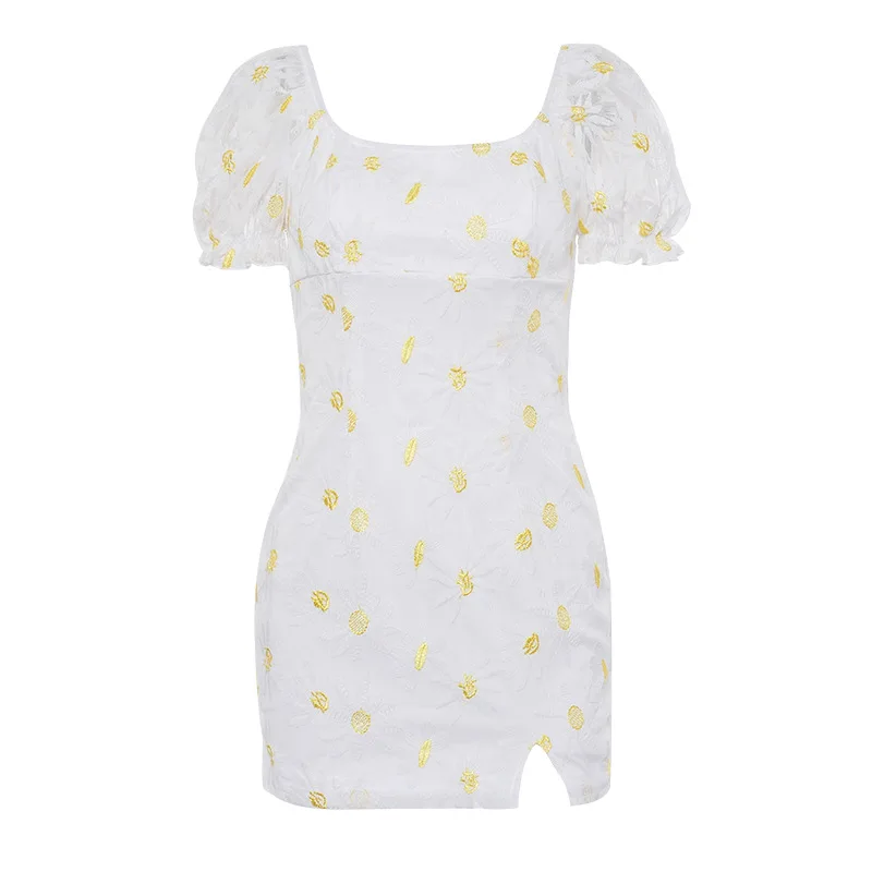 

2020 new arrivals summer design square collar short sleeve women daisy embroidery bodycon casual dresses