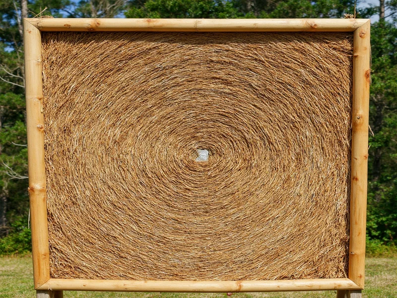 Layering straw bales inside wooden frame for archery target