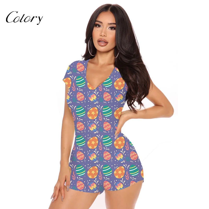

Colory Short Sleeve For Women Custom Printed Jumpsuit V Neck Onesie, Picture shows