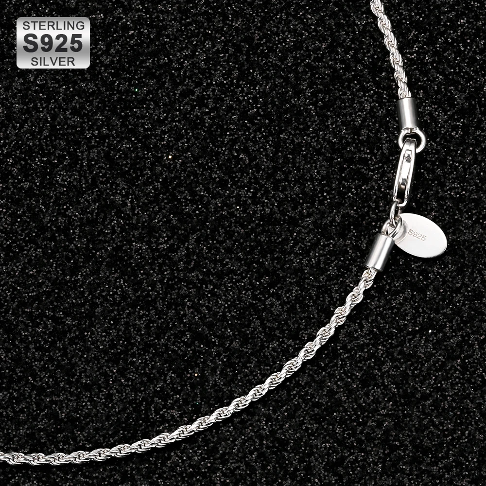 

KRKC Custom LOGO Jewelry S925 Rope Chain Men's Women Necklace White Gold Shine Thin 1.4mm 16 18 22in Sterling Silver Rope Chain