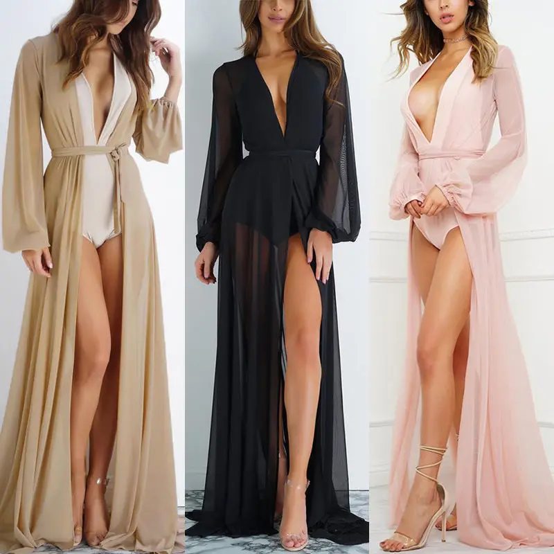 

Womens Long Sleeve Flowy Maxi Dresses Bathing Suit Swimsuit Tie Front Robe Cover Up