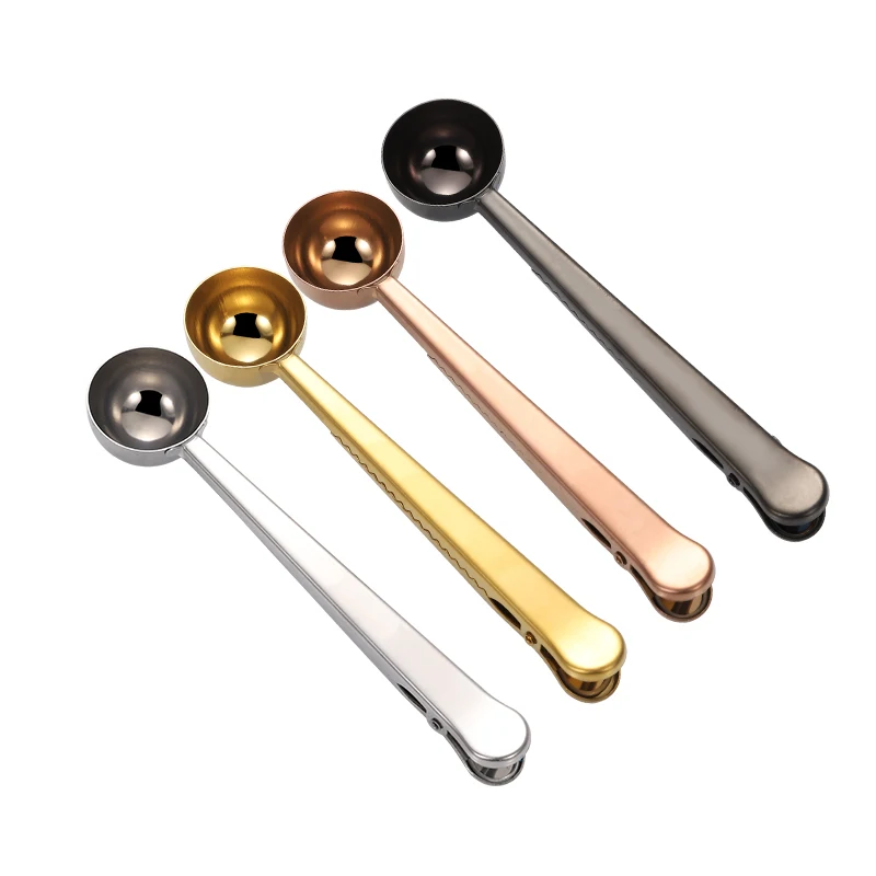 

Multi function stainless steel coffee bean measuring scoop long handle coffee spoons with bag clip