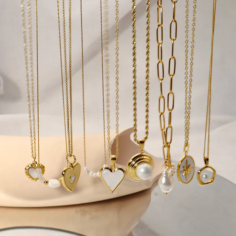 

Korean Simple 18k Gold Plated Rope Chain Pearl Pendant Choker Necklaces Stainless Steel Heart Shell Freshwater Pearl Necklace